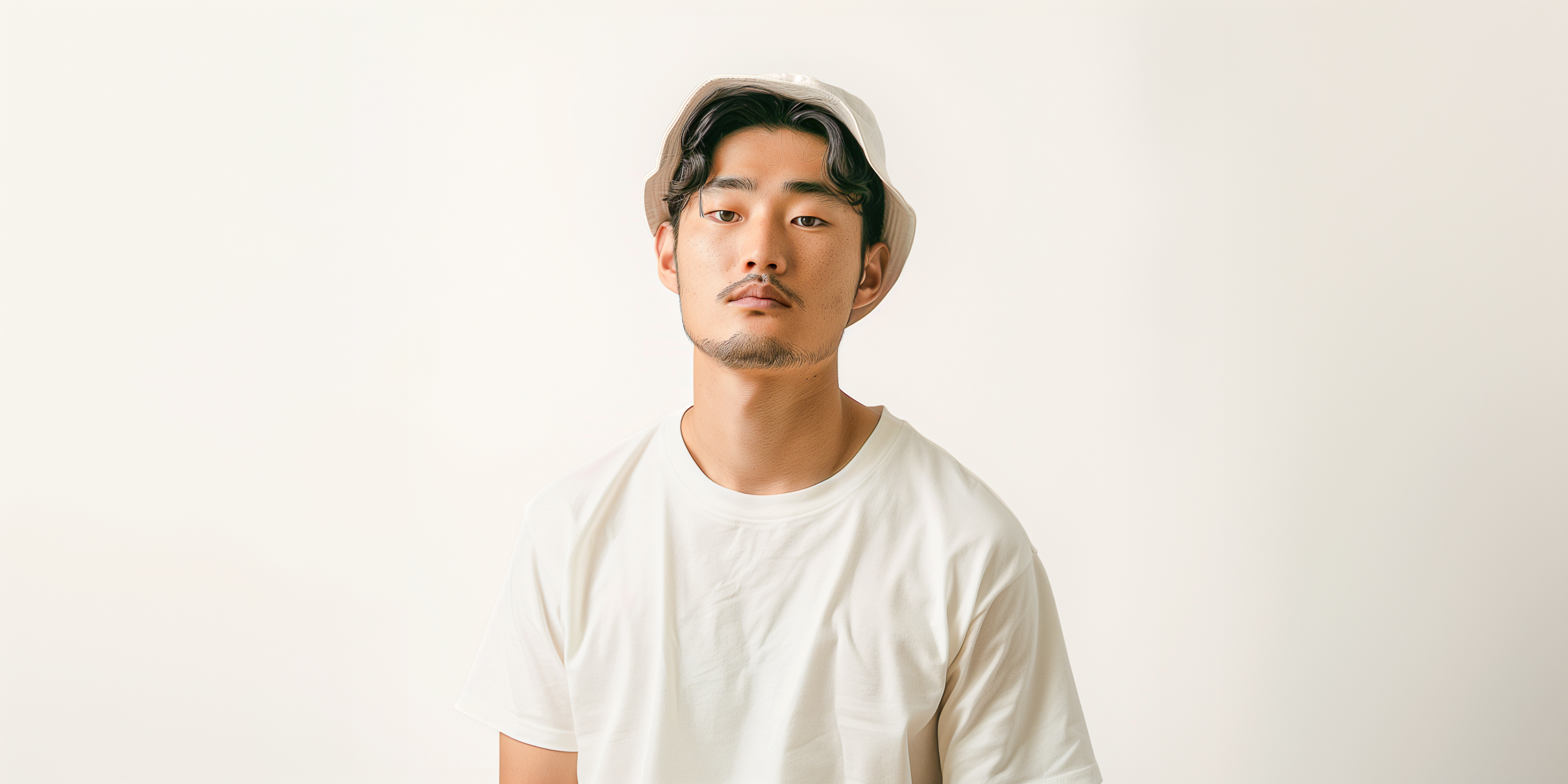 A Japanese man standing and wearing an off-white bucket hat and off-white t-shirt against an off white studio backdrop