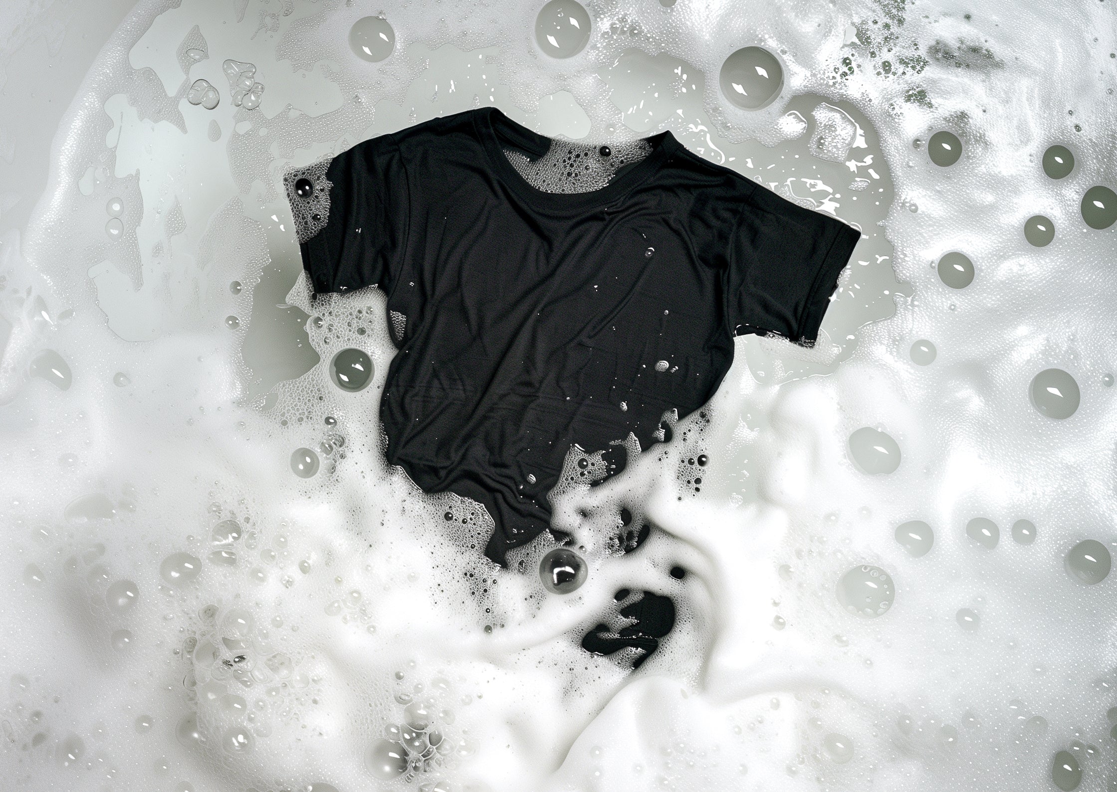 A black t shirt partially submerged in clean, soapy water and surrounded by soap bubbles.