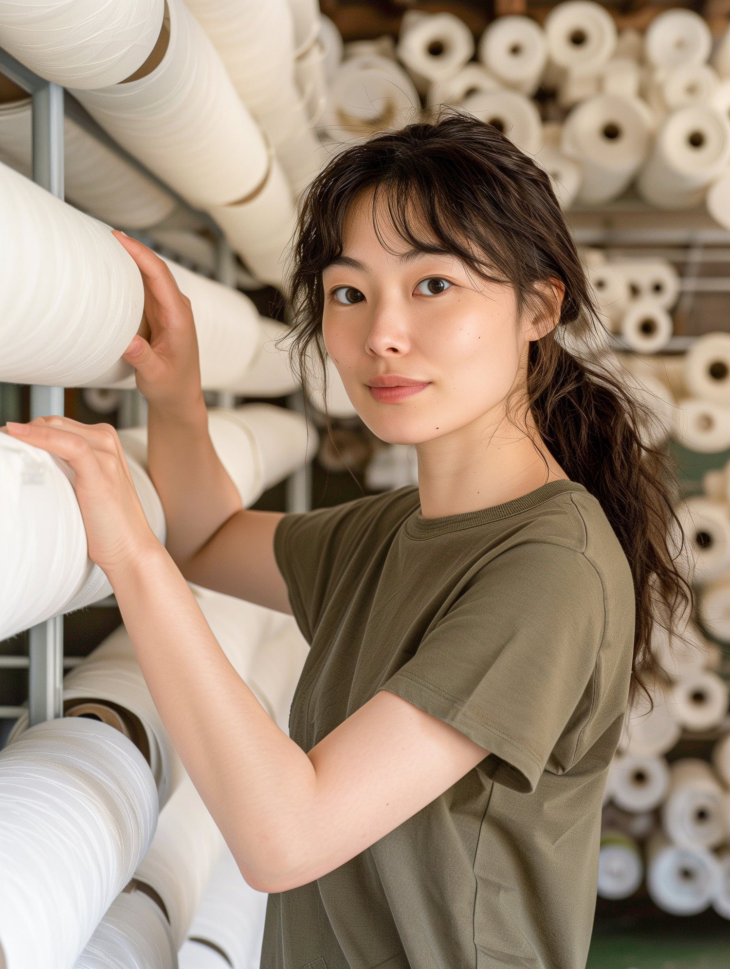 A young woman in a green t-shirt reaching for a roll of white fabric on a shelf in a textile warehouse.