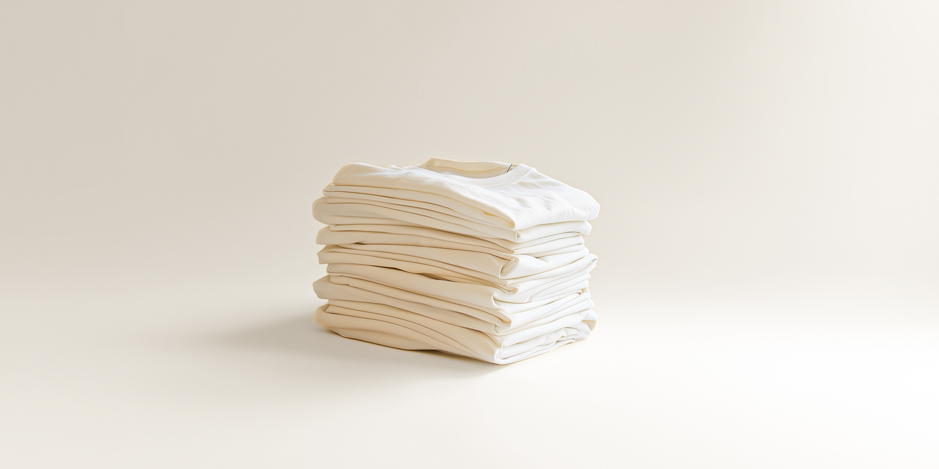 A stack of several folded off-white t-shirts sitting on the ground. Off-white studio background. 